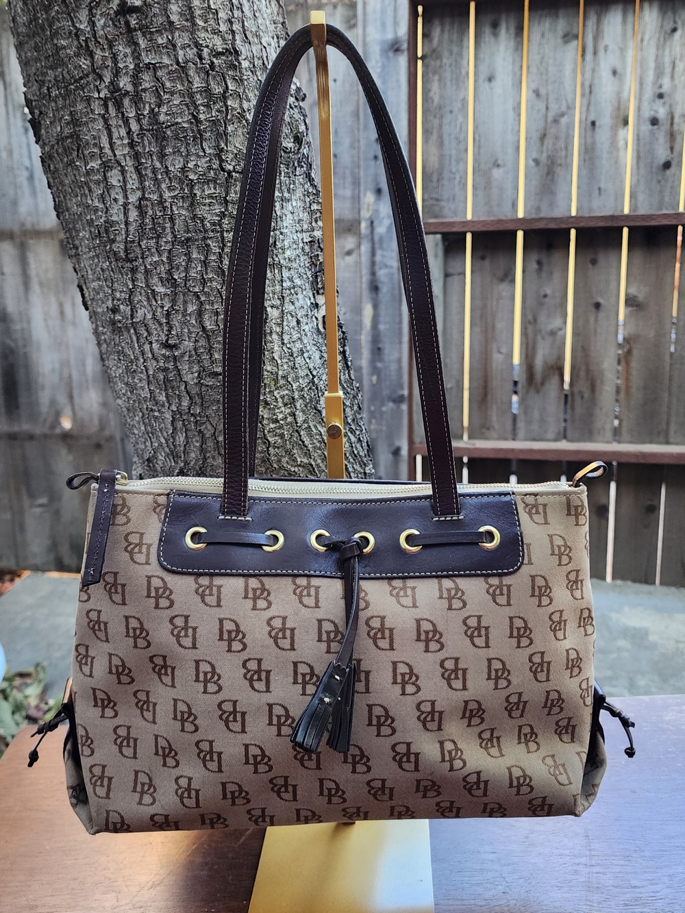 Vintage Dooney & Bourke Signature Monogram Canvas Tassel Shoulder Bag